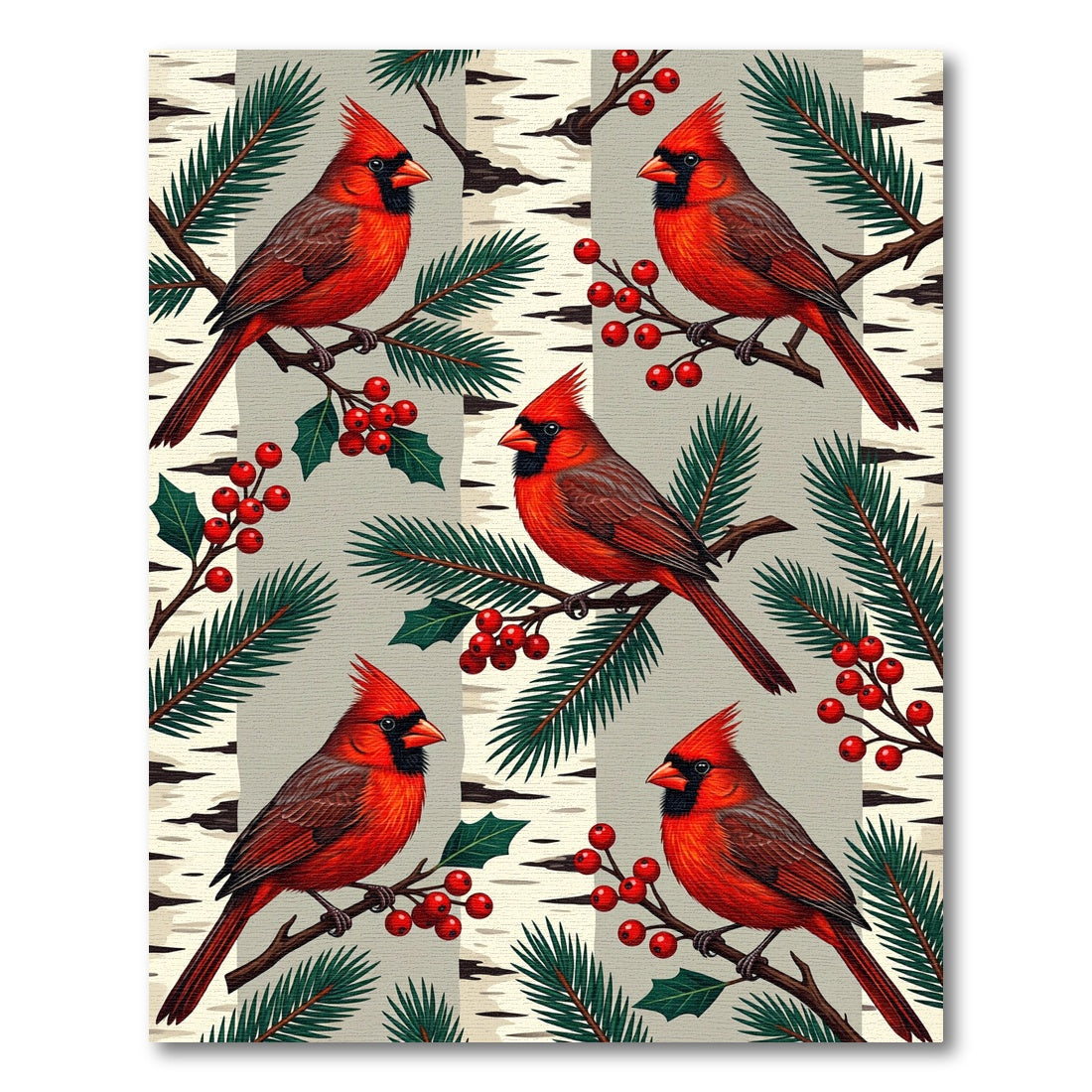 Winter Cardinal Birch Branch Illustration Rug