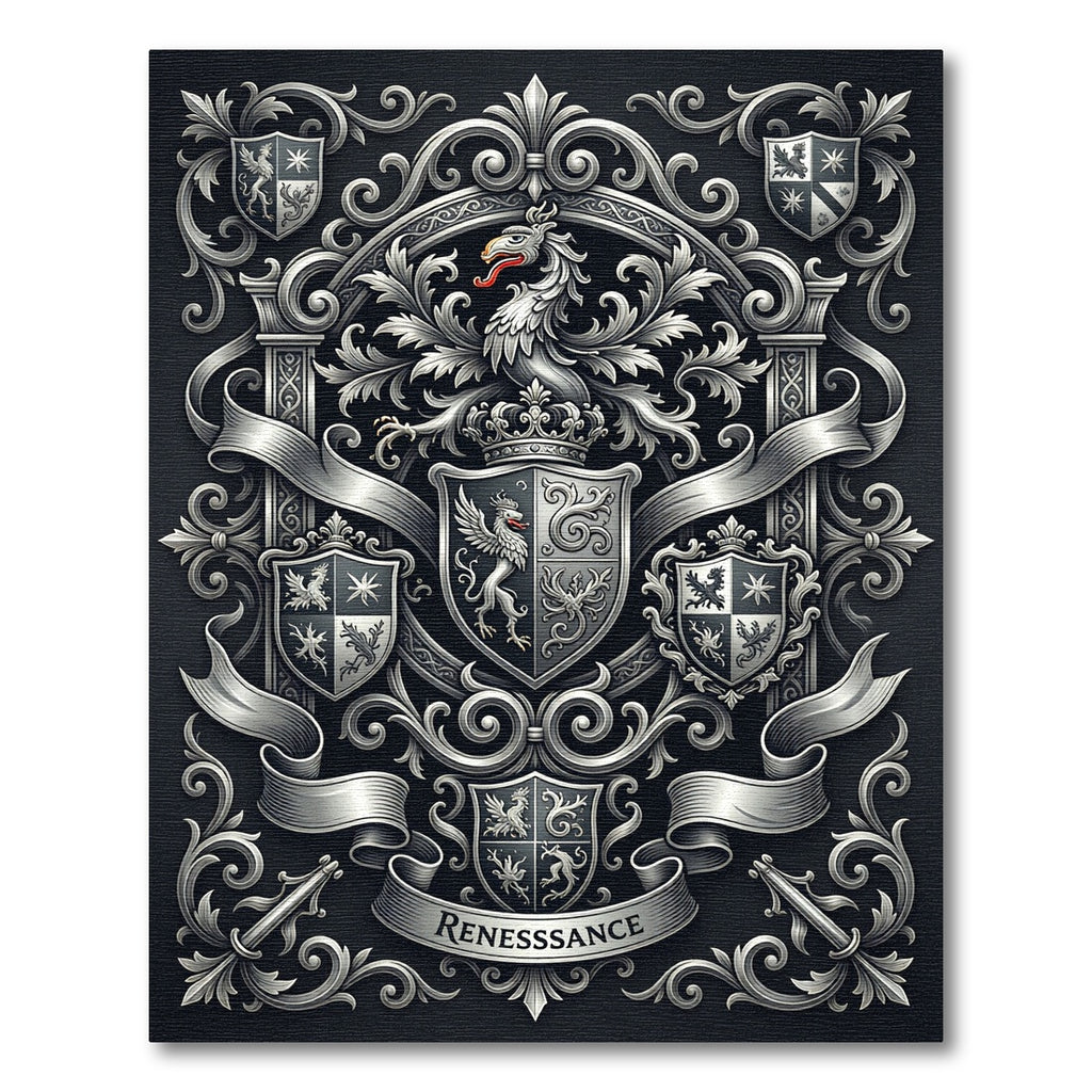 Ornate Silver Griffin Crest Emblem Rug