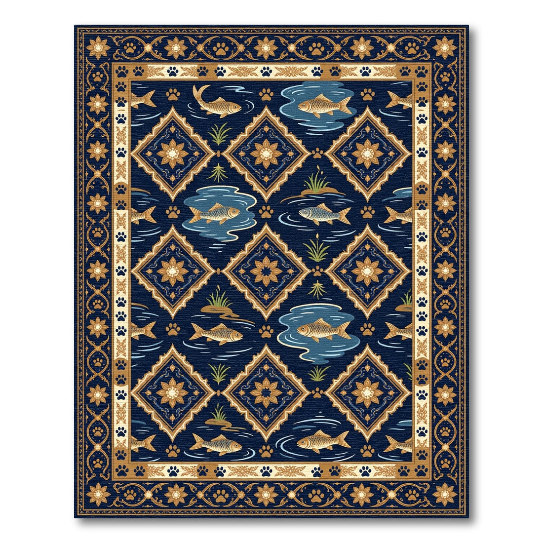Golden Fish and Paw Botanical Medallion Rug