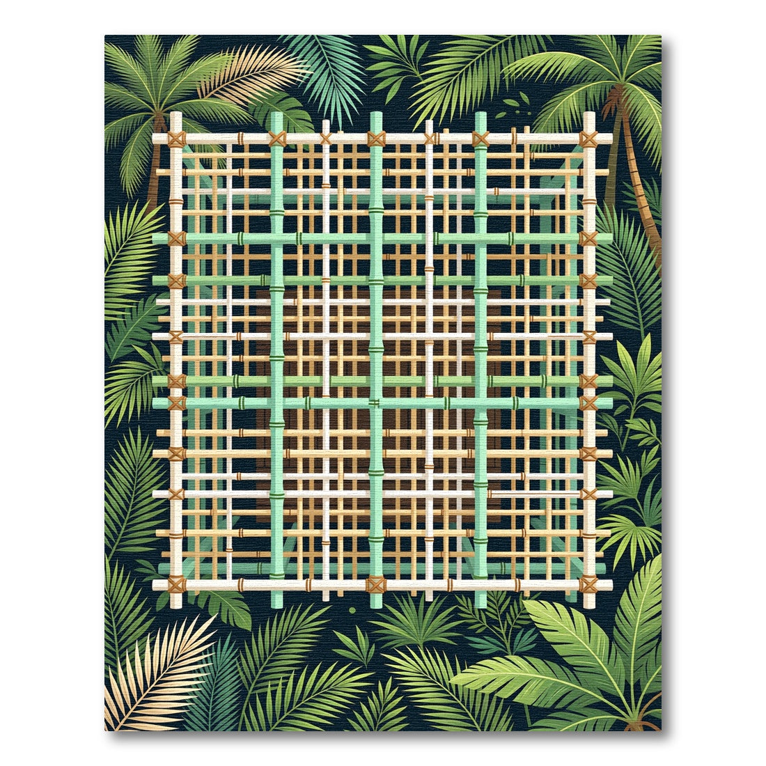 Tropical Bamboo Grid with Lush Leaves Rug