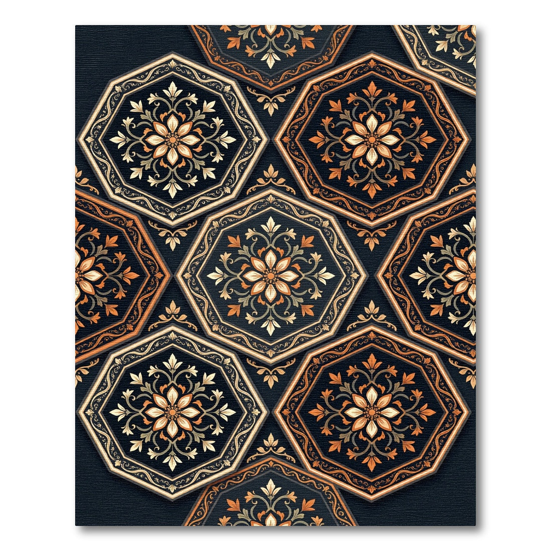 Ornate Octagonal Floral Black Gold Rug