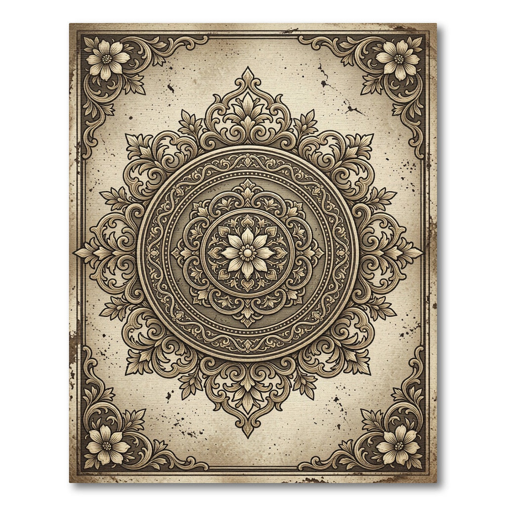 Vintage Beige Ornamental Floral Medallion Rug