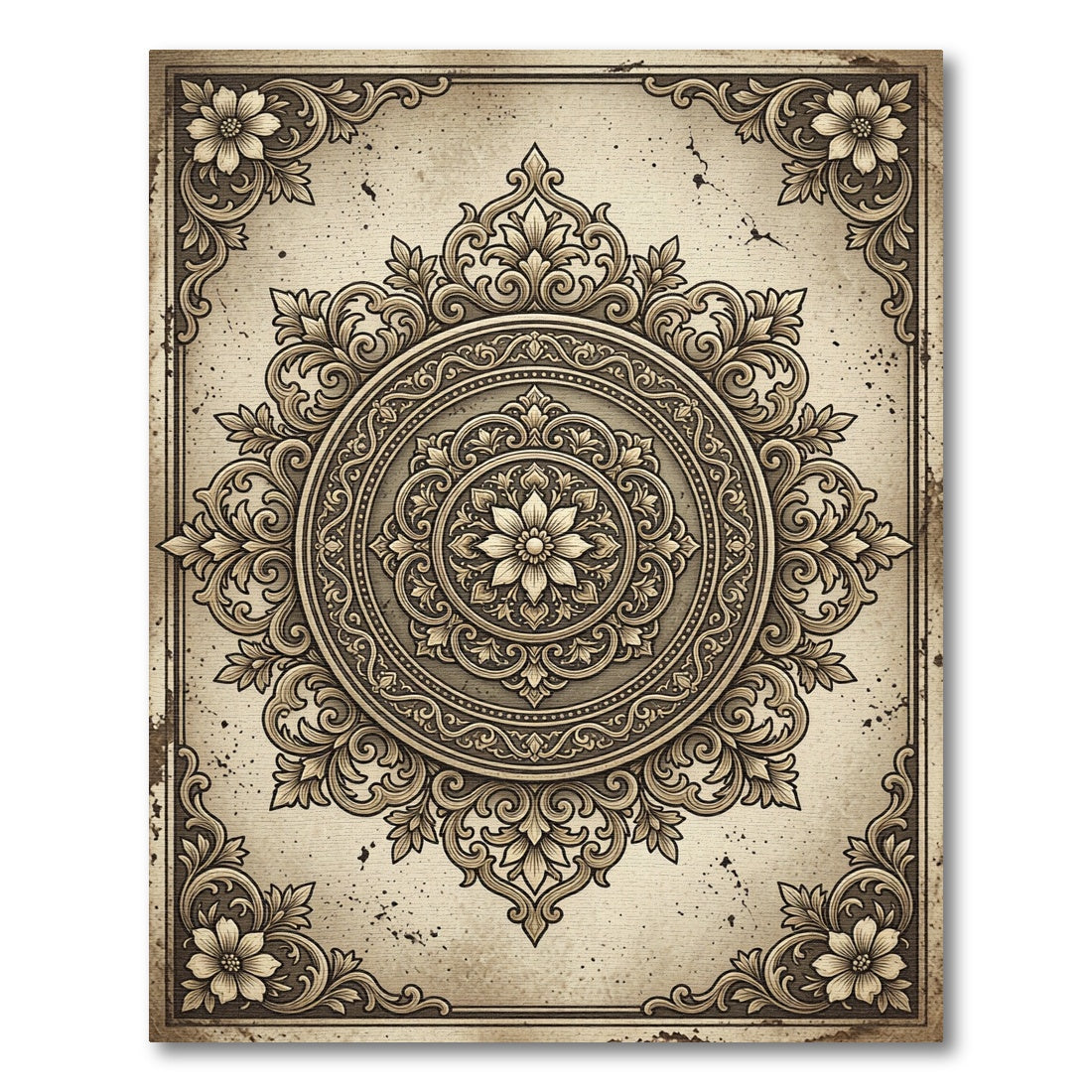 Vintage Beige Ornamental Floral Medallion Rug