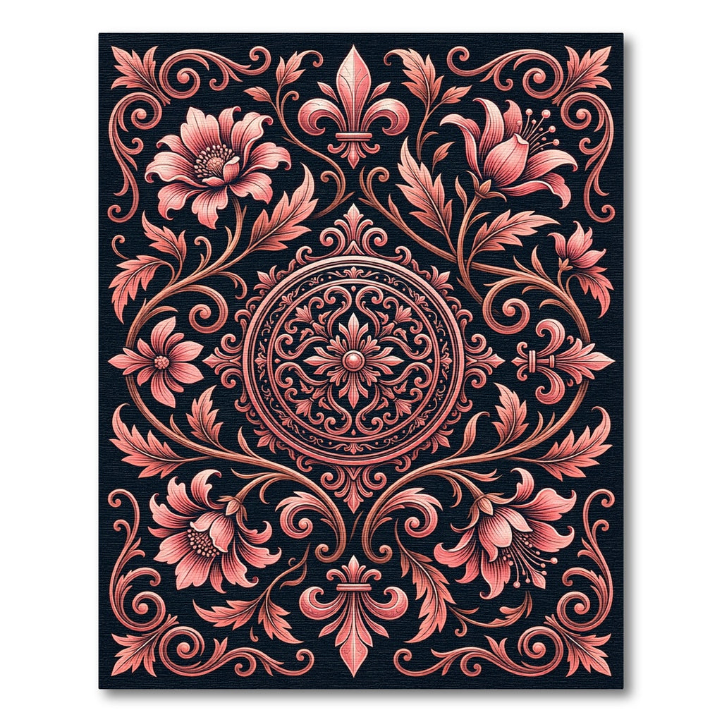 Ornate Coral Floral Scrollwork Rug