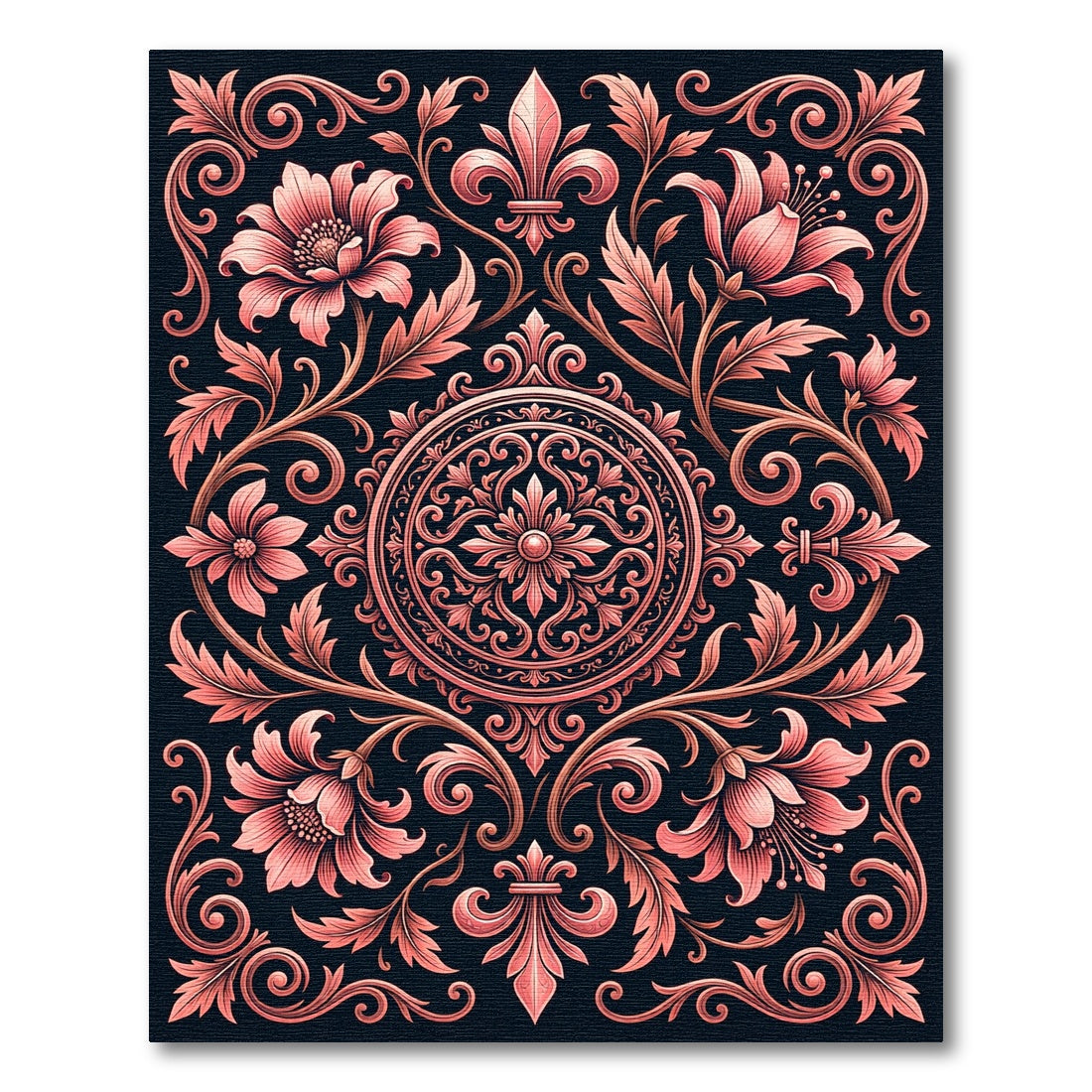 Ornate Coral Floral Scrollwork Rug