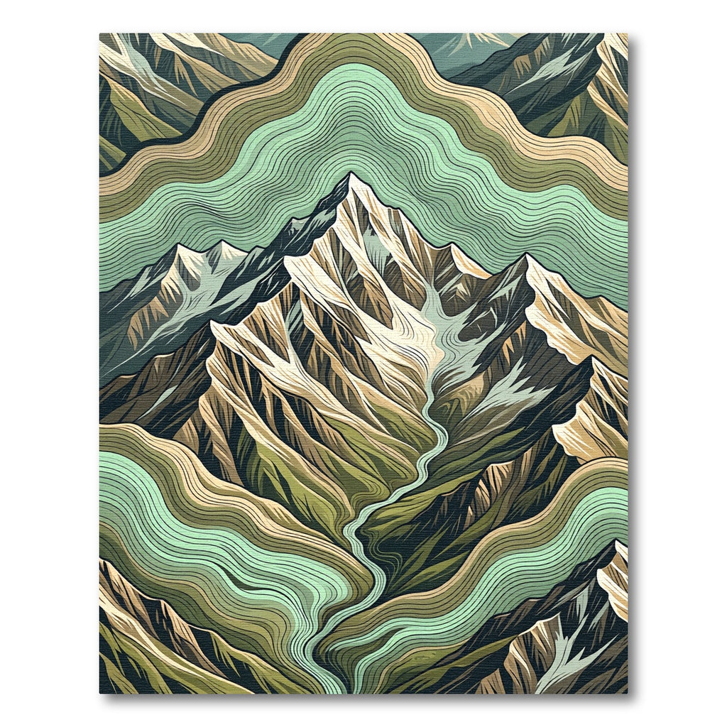 Earthy Green Tiered Mountain Line Art Rug