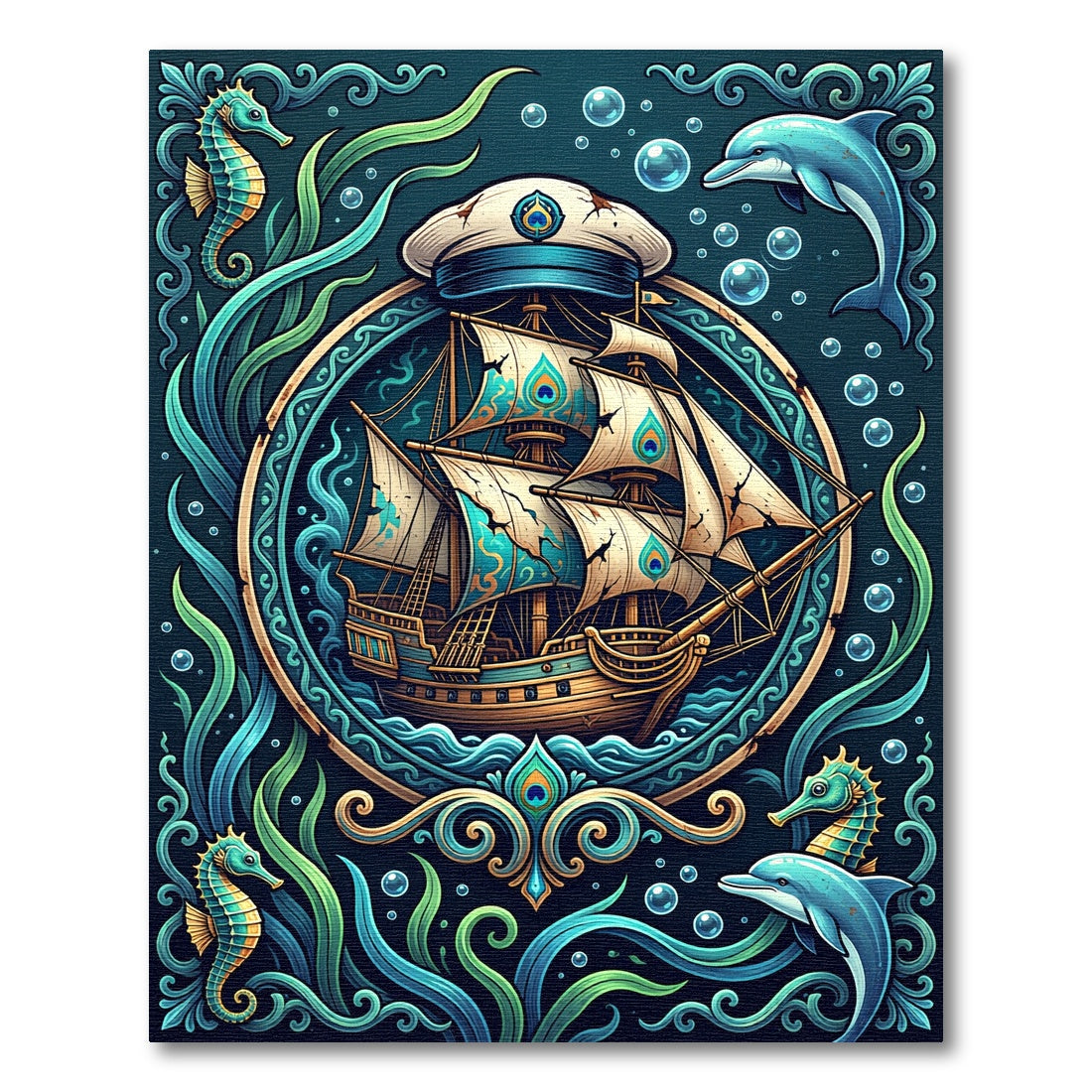 Nautical Peacock Ship Teal Marine Art Rug