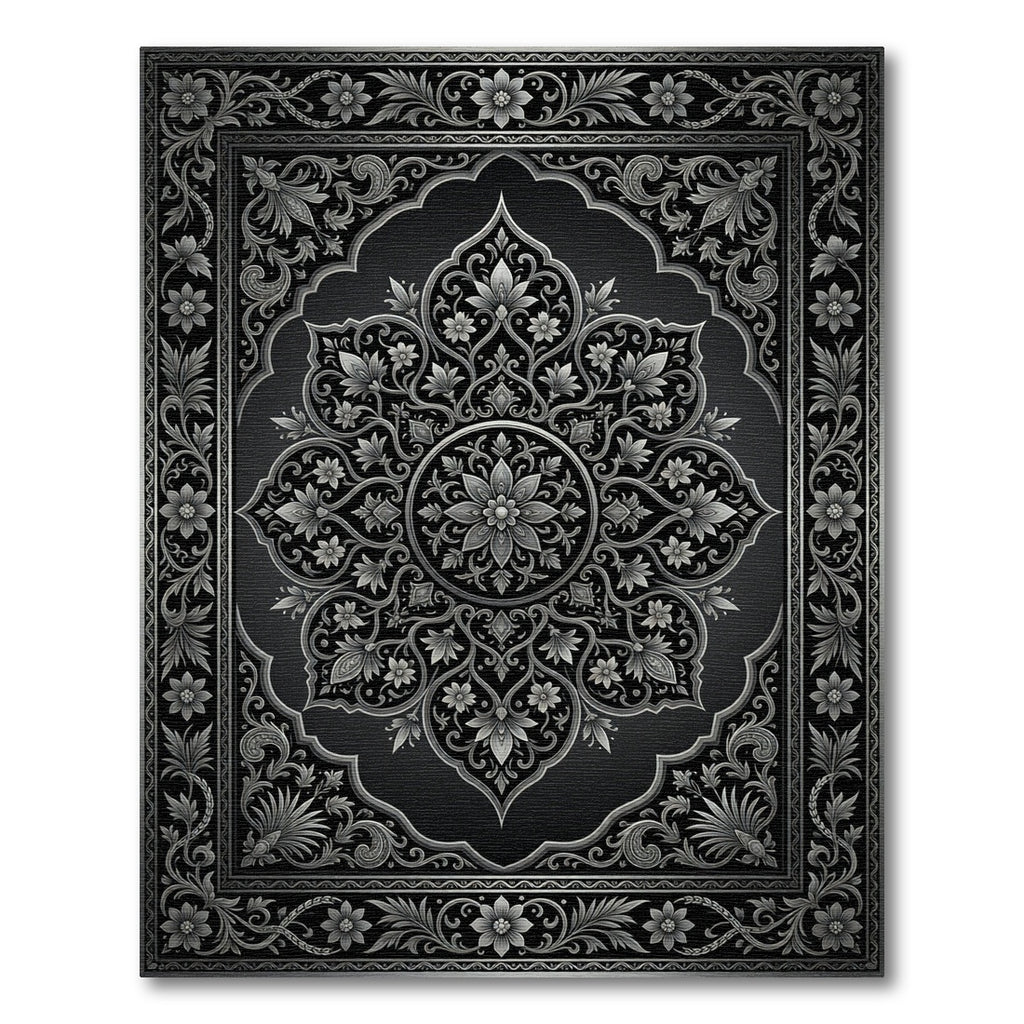 Elegant Monochrome Silver Floral Damask Rug