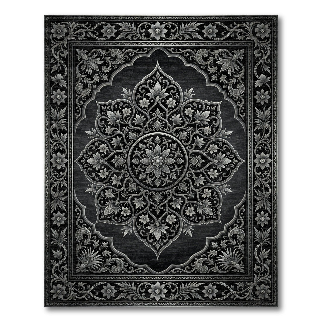 Elegant Monochrome Silver Floral Damask Rug