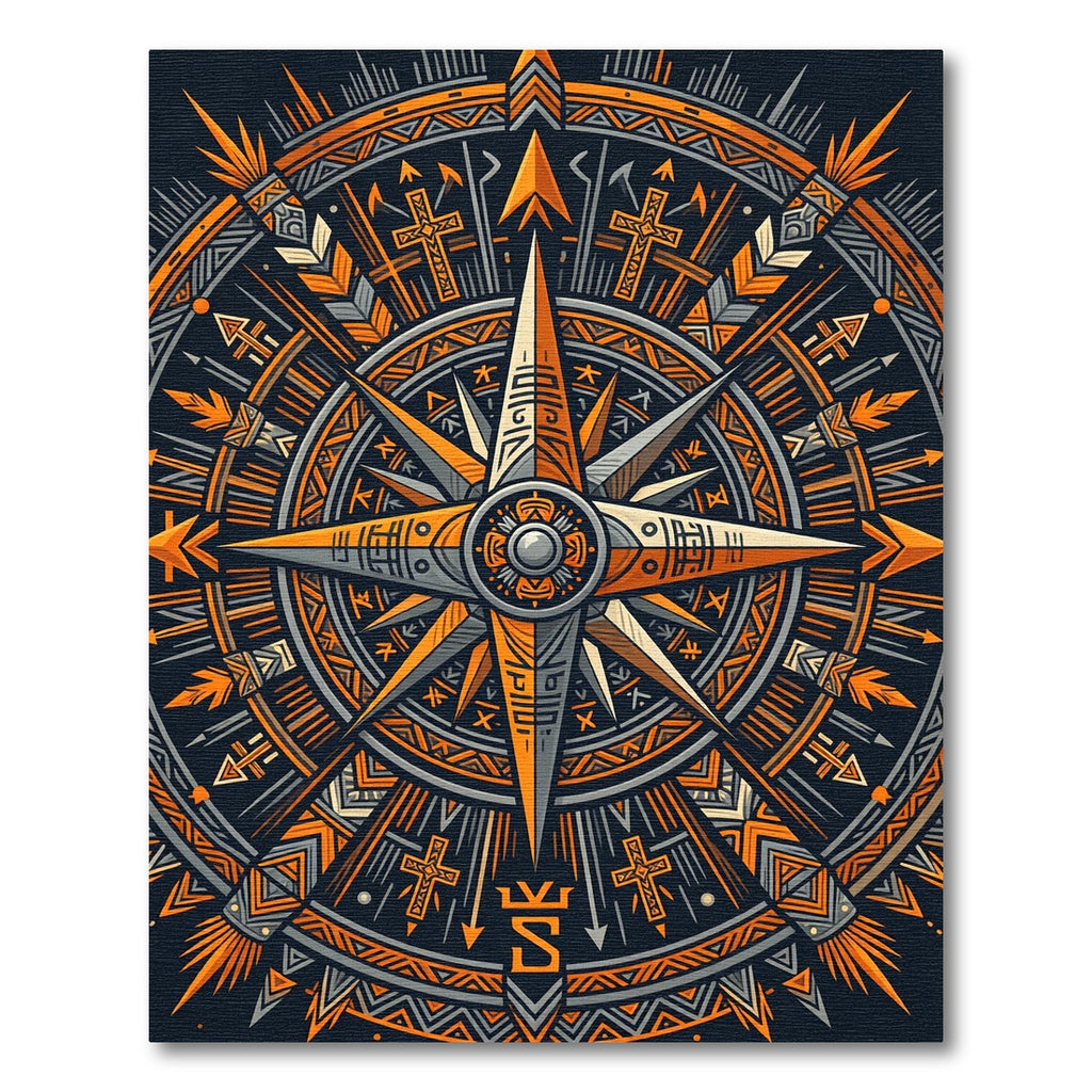 Ornate Orange Charcoal Geometric Compass Rug