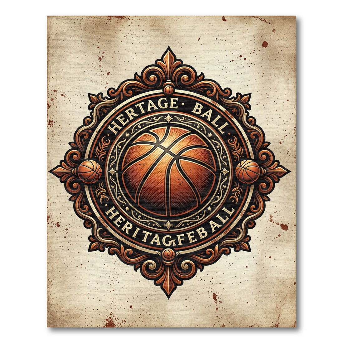 Vintage Baroque Basketball Emblem Round Medallion Rug