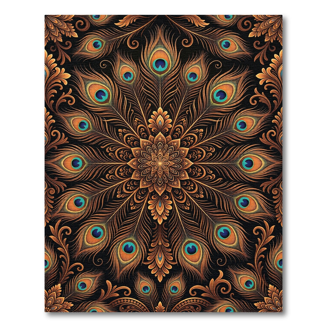 Golden Peacock Feather Mandala Rug