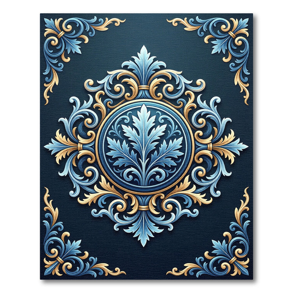 Ornate Blue Gold Scrollwork Mandala Rug