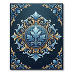 Ornate Blue Gold Scrollwork Mandala Rug