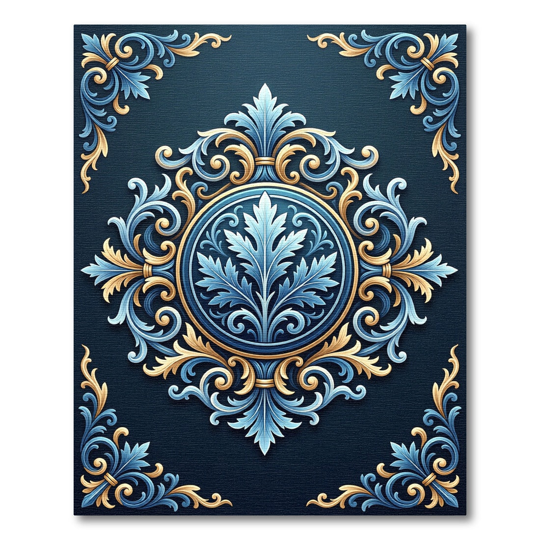Ornate Blue Gold Scrollwork Mandala Rug
