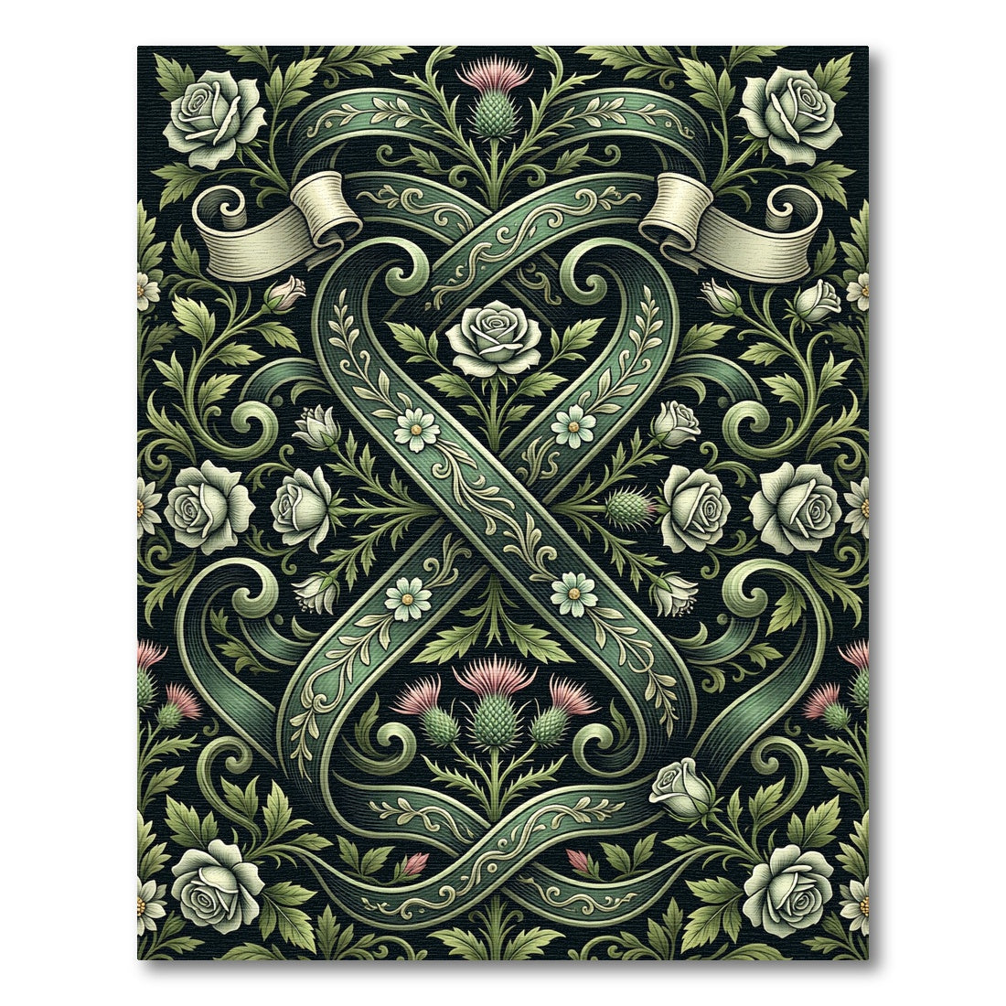 Emerald Green Floral Thistle Heart Ribbon Rug