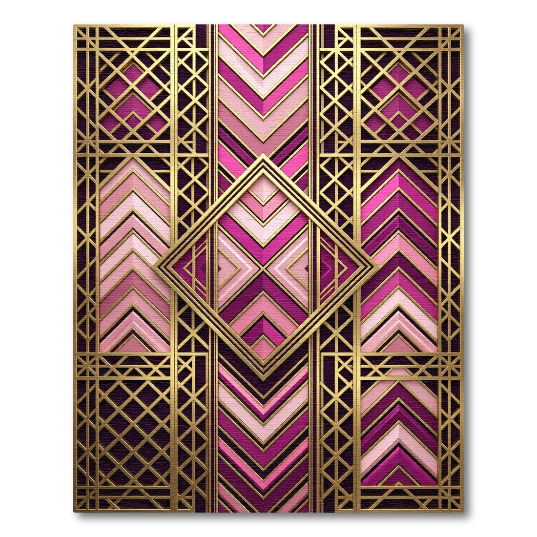 Art Deco Magenta Gold Geometric Statement Rug