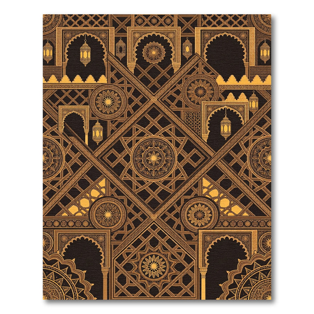 Elegant Golden Geometric Lantern Medallion Rug