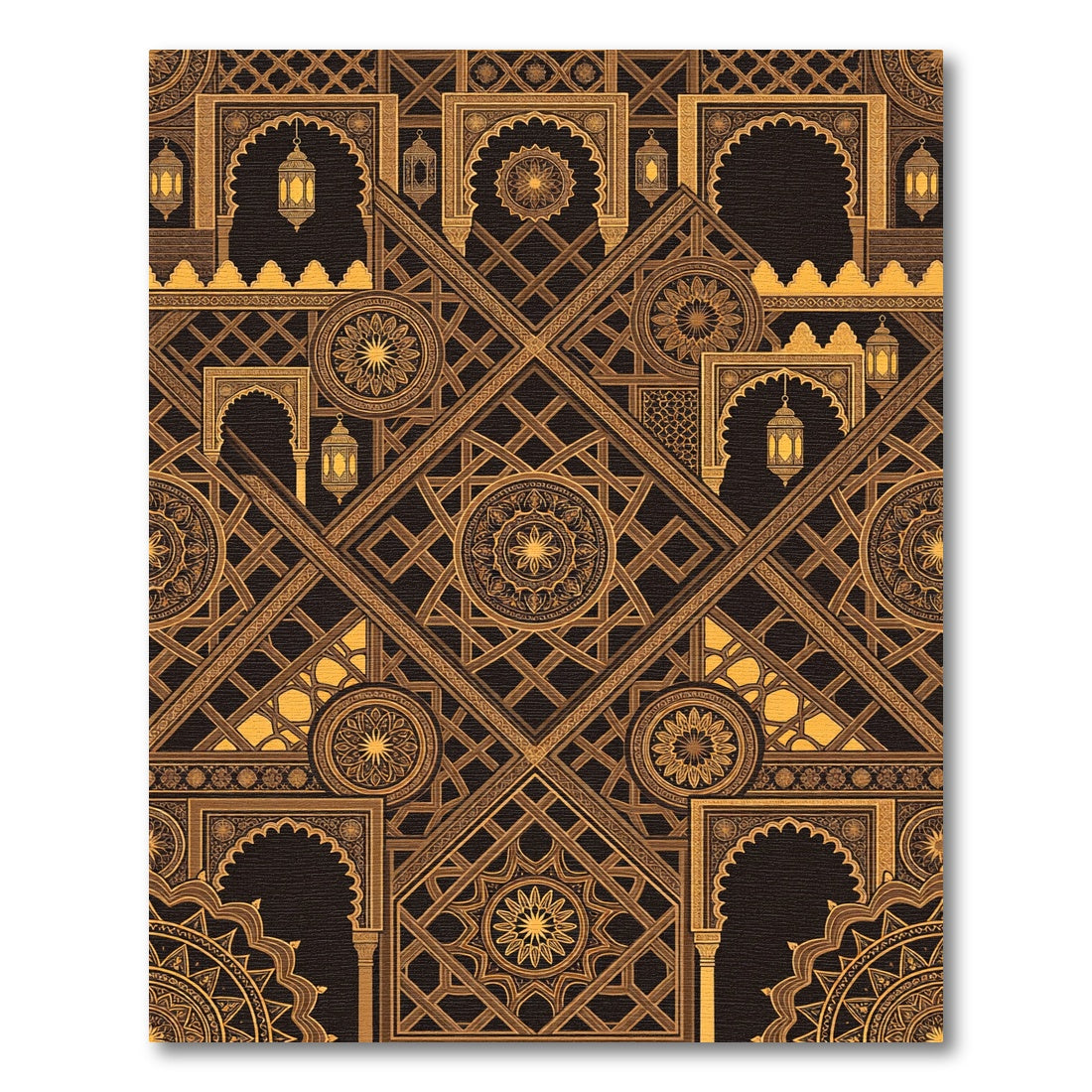 Elegant Golden Geometric Lantern Medallion Rug