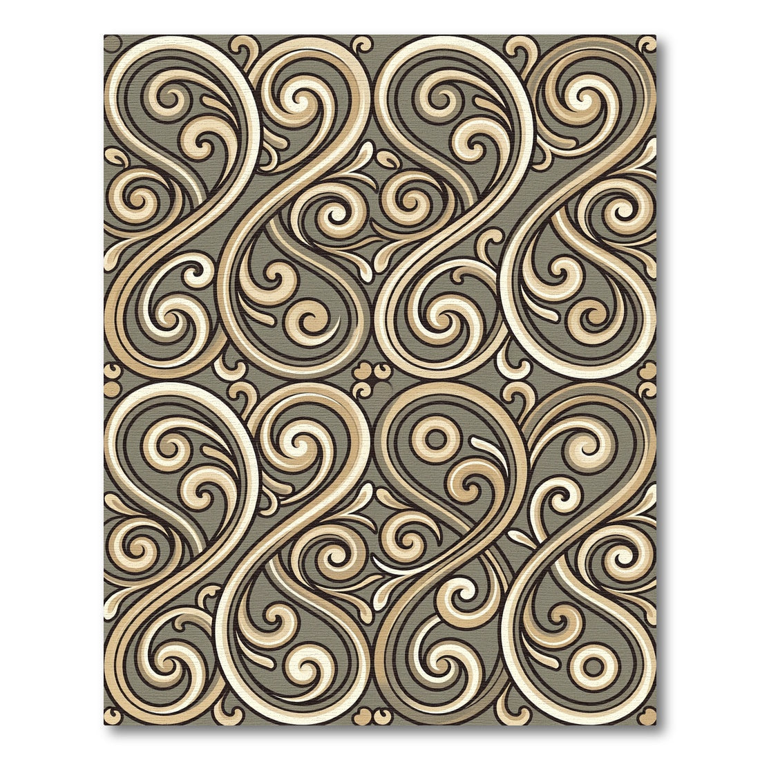 Elegant Beige and Olive Swirl Scroll Rug