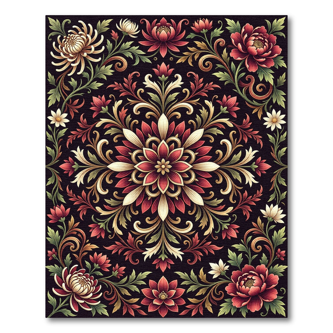 Dark Floral Medallion with Crimson Blossoms Rug