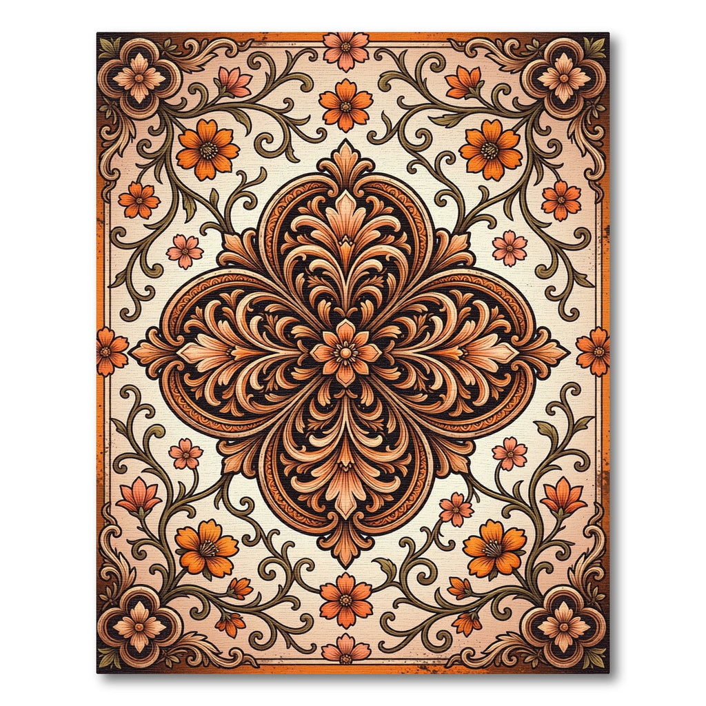 Ornate Amber Floral Damask Medallion Rug