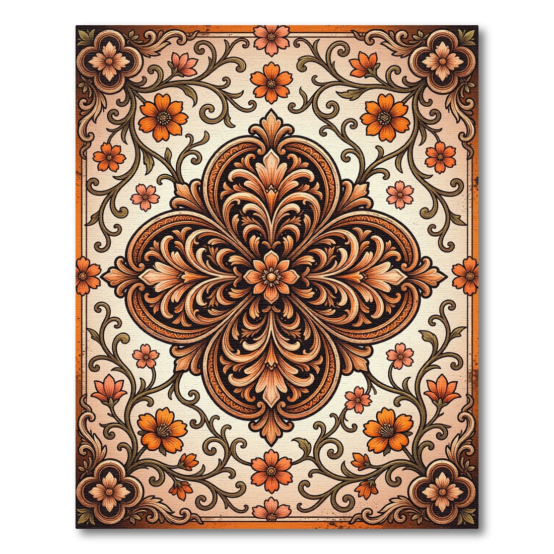 Ornate Amber Floral Damask Medallion Rug