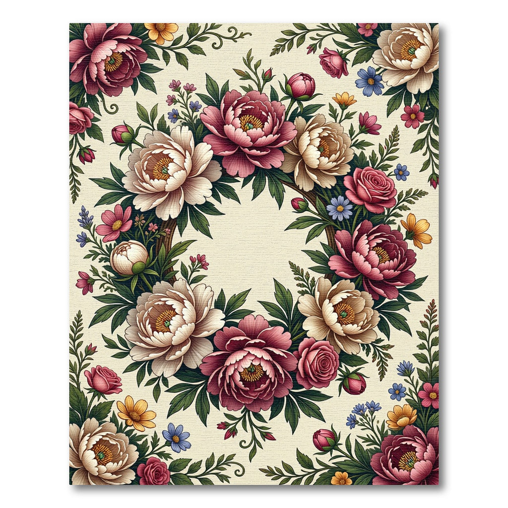 Floral Peony Wreath Cream Circular Frame Rug
