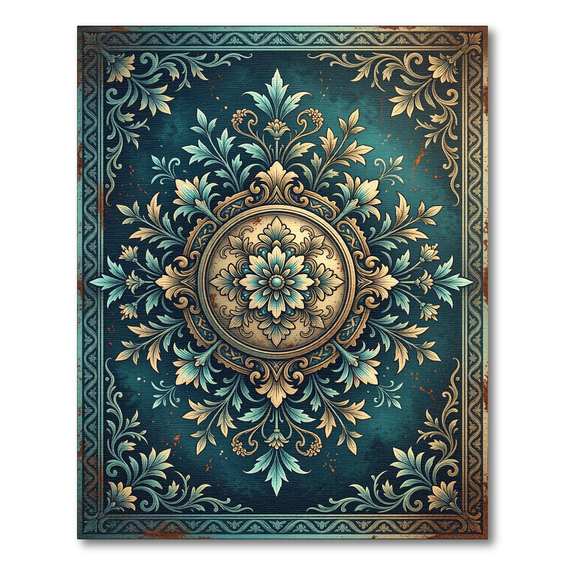 Ornate Teal and Gold Floral Medallion Rug
