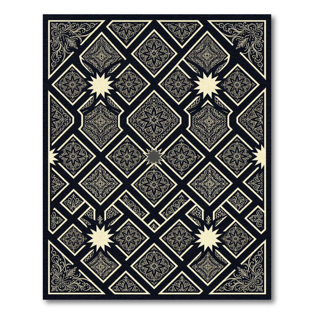 Black Golden Intricate Geometric Star Rug