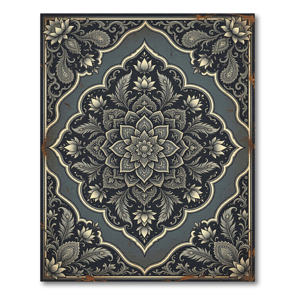 Elegant Dark Slate Floral Medallion Rug