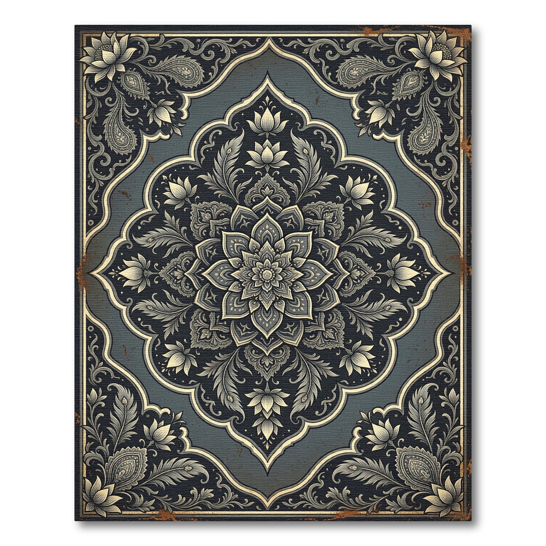 Elegant Dark Slate Floral Medallion Rug