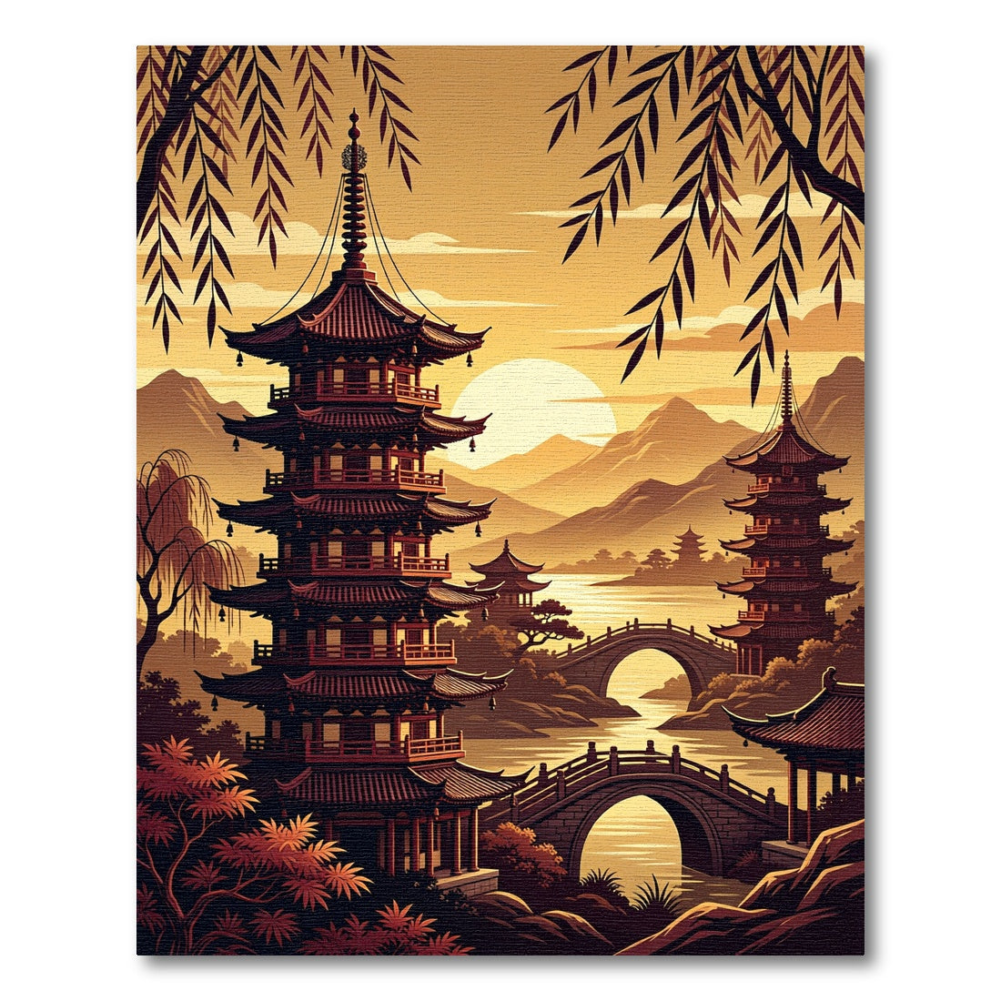 Golden Sunset Pagoda Landscape Illustration Rug