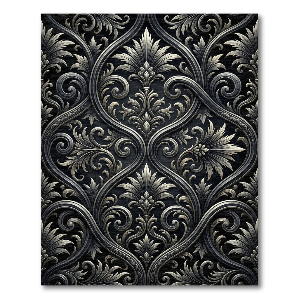 Elegant Black and Silver Damask Scroll Rug