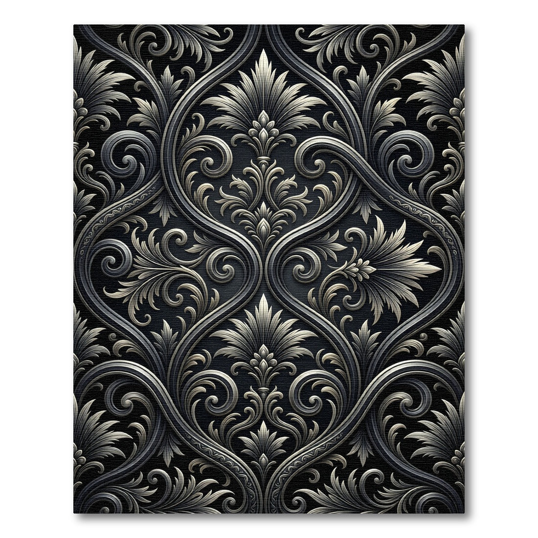 Elegant Black and Silver Damask Scroll Rug