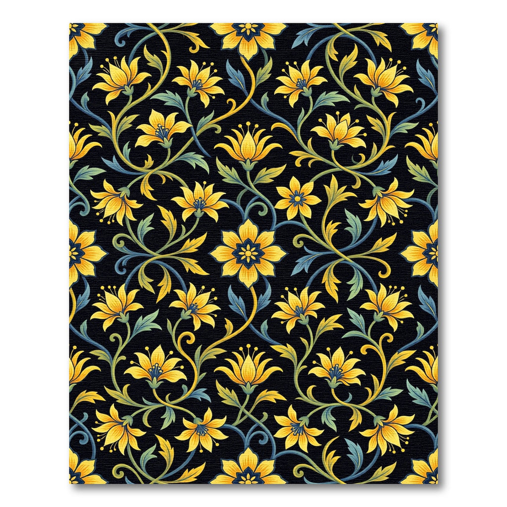 Elegant Gold Floral Vine Black Rug