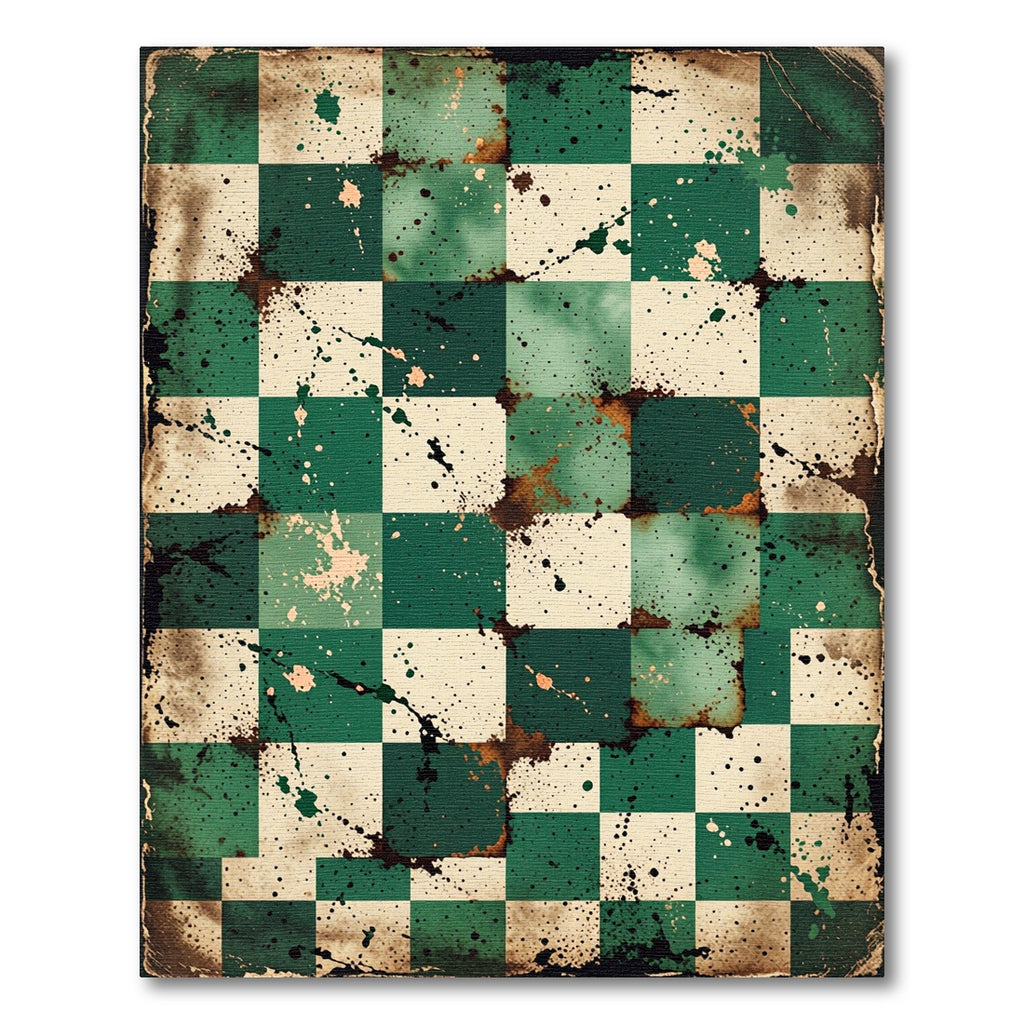 Distressed Emerald and Cream Checkerboard Rug
