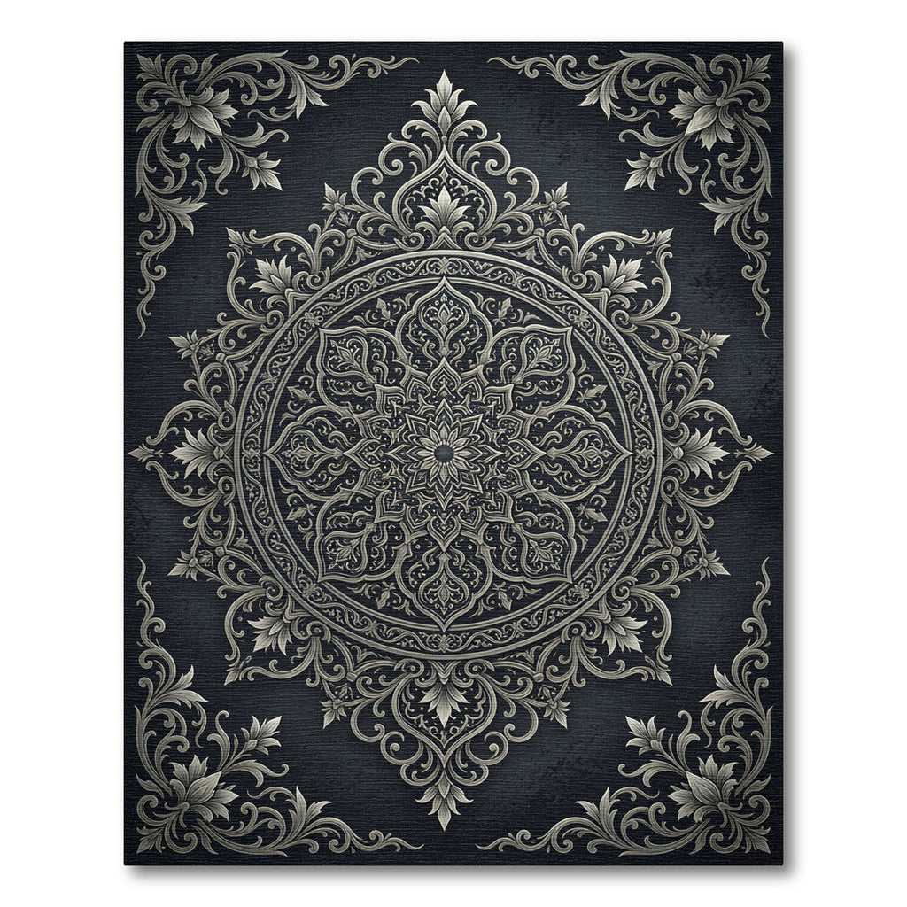 Elegant Silver Damask Charcoal Circular Medallion Rug