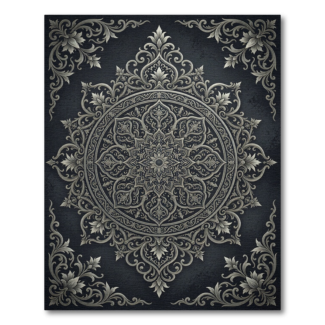 Elegant Silver Damask Charcoal Circular Medallion Rug