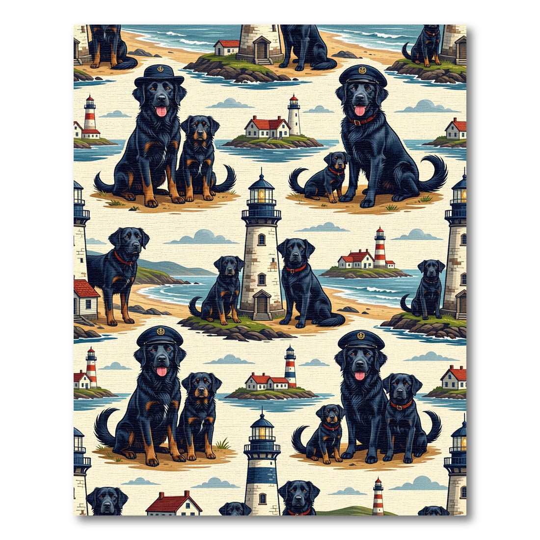 Coastal Lighthouse and Black Dog Art Rug