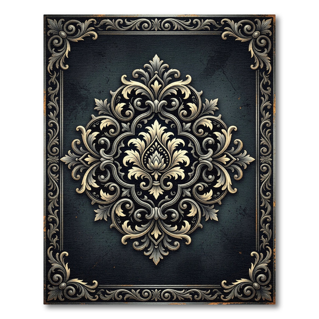 Elegant Charcoal Gold Floral Damask Rug