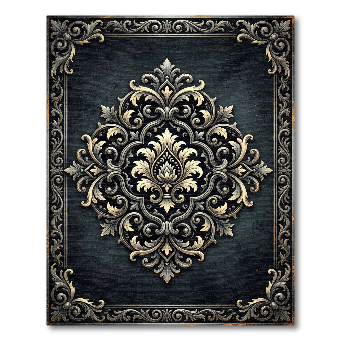 Elegant Charcoal Gold Floral Damask Rug