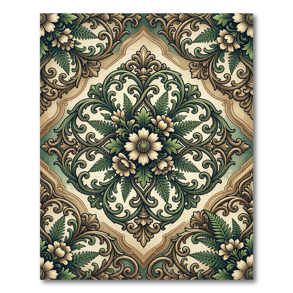 Sage Botanical Floret Scroll Medallion Rug