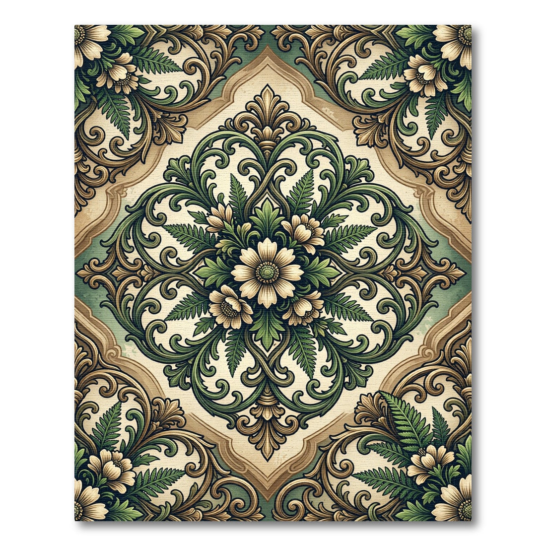 Sage Botanical Floret Scroll Medallion Rug