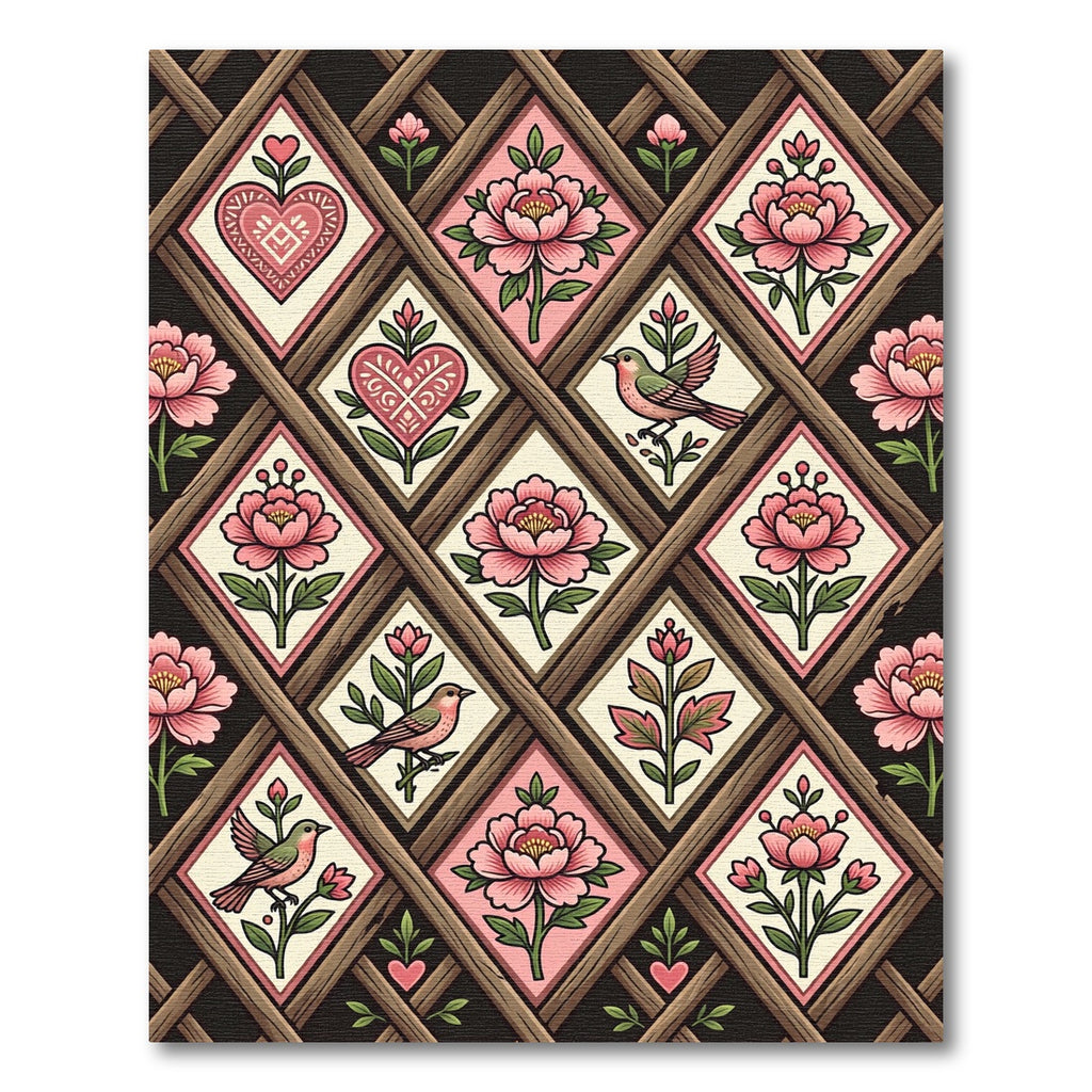 Pink Blooming Heart Birds Lattice Rug