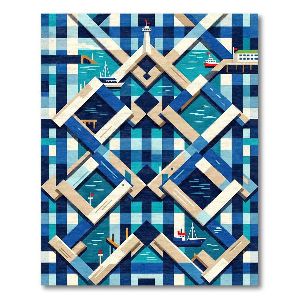 Geometric Nautical Blue Harbor Landscape Rug
