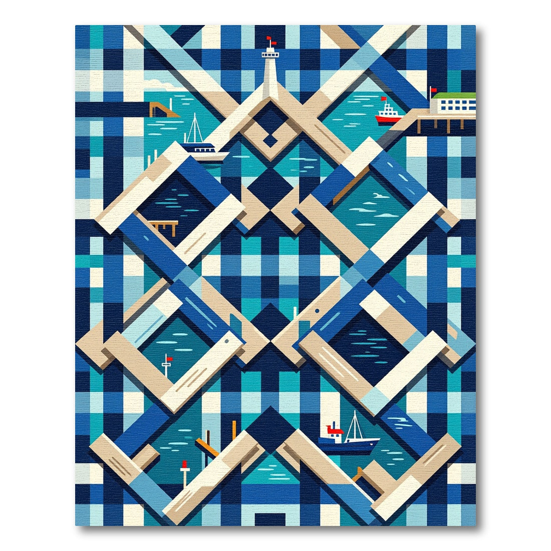 Geometric Nautical Blue Harbor Landscape Rug