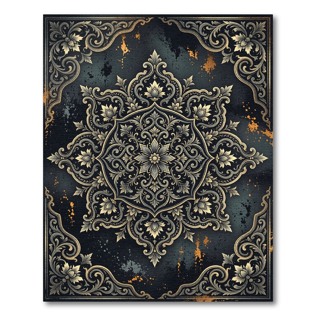 Ornate Golden Floral Damask Midnight Tapestry Rug