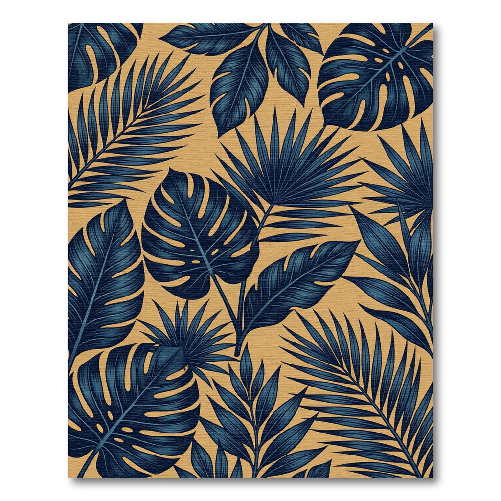 Navy Tropical Palm Leaf Gold Rug