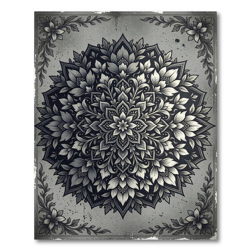 Ornate Gray Ink Floral Mandala Rug